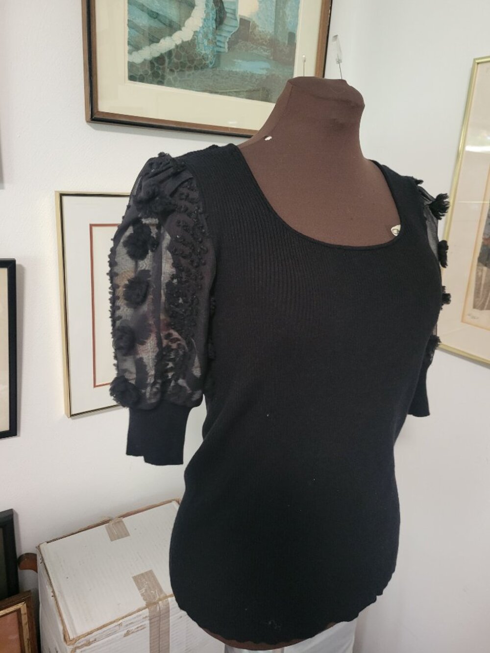 Cato Black Ribbed Knit T-shirt with Blouson Sleeves Size L - Picture 5 of 5
